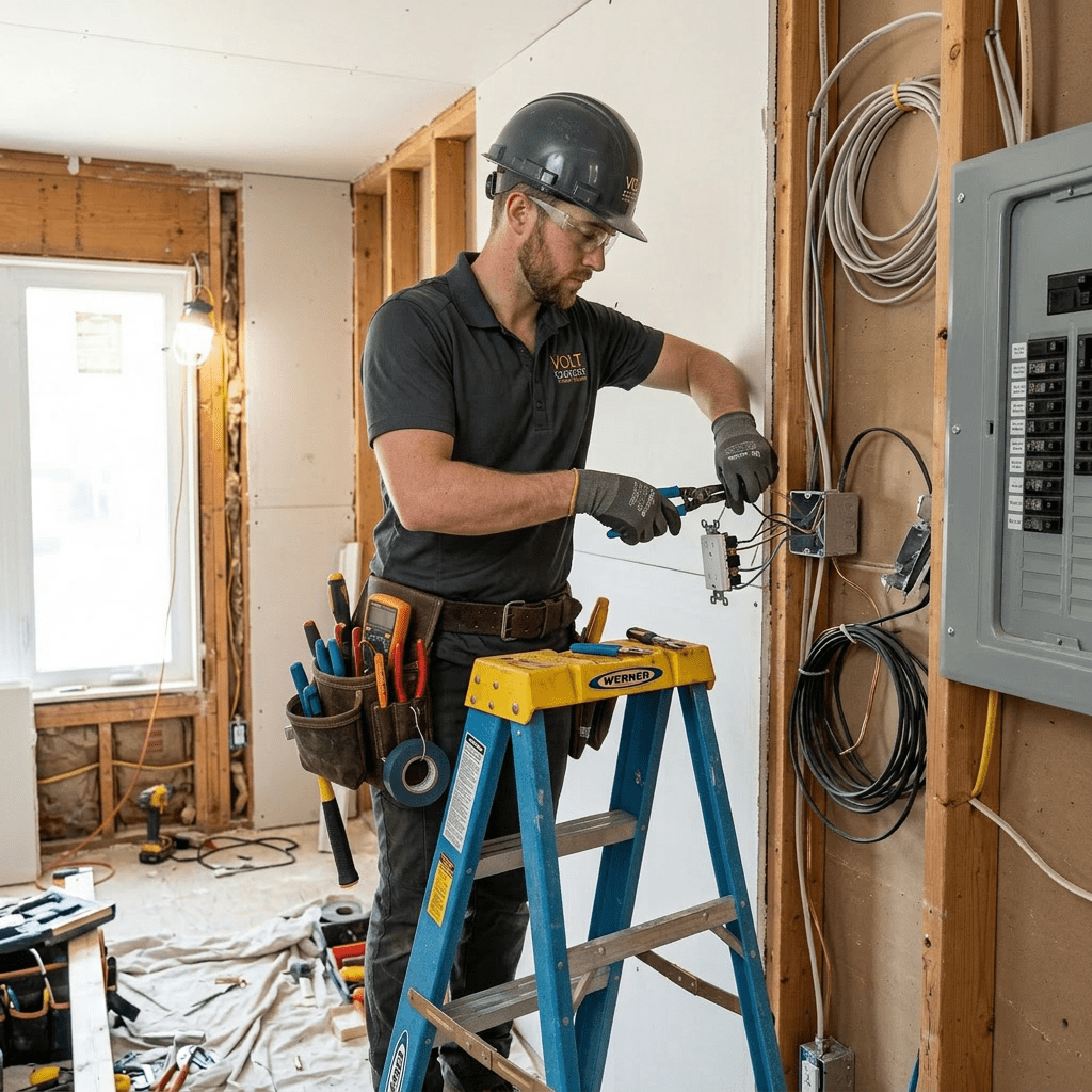 Electrician installing electrical wiring on wall studs in a home under renovation