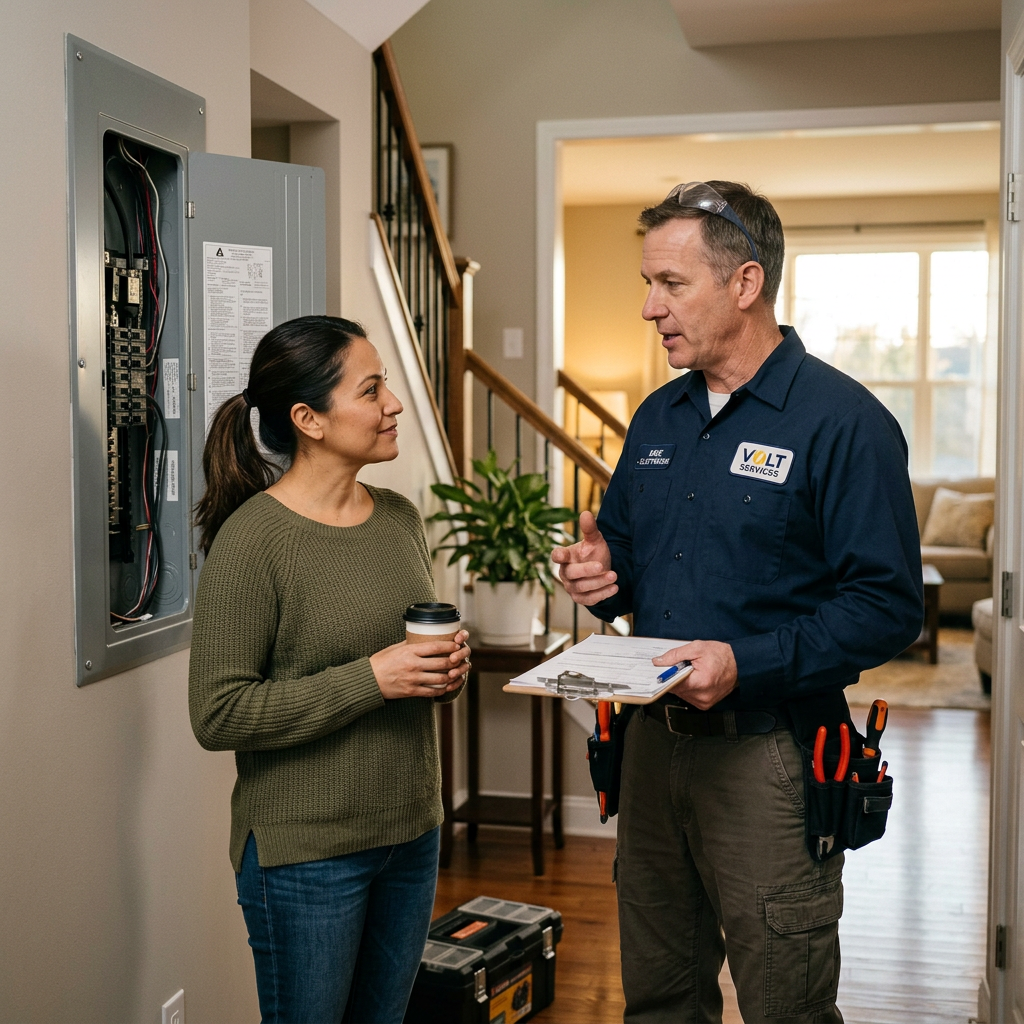 Electrician talking to homeowner next to open electrical breaker panel inside a house