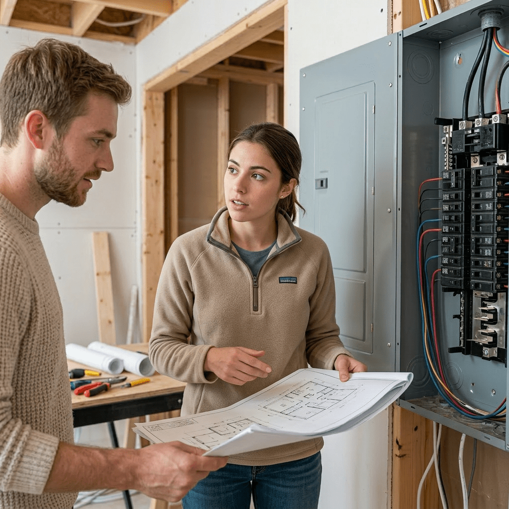 Electrician holding wires and tool, talking to a colleague near an electrical panel