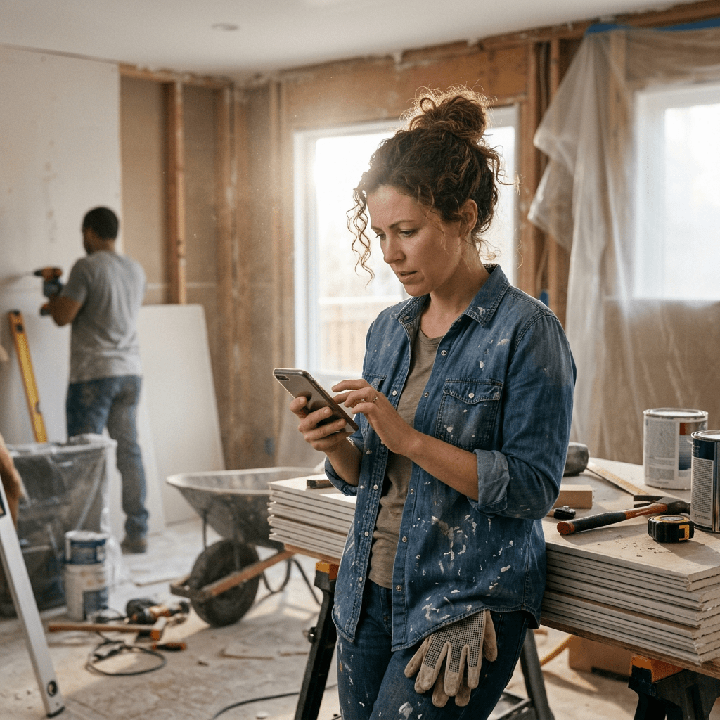 Homeowner searching on phone during renovation