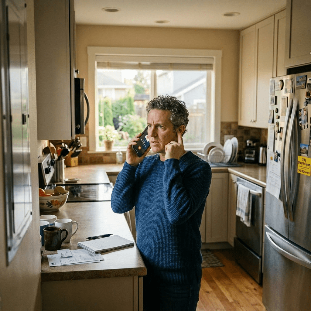 Woman in a navy sweater making a phone call in a kitchen